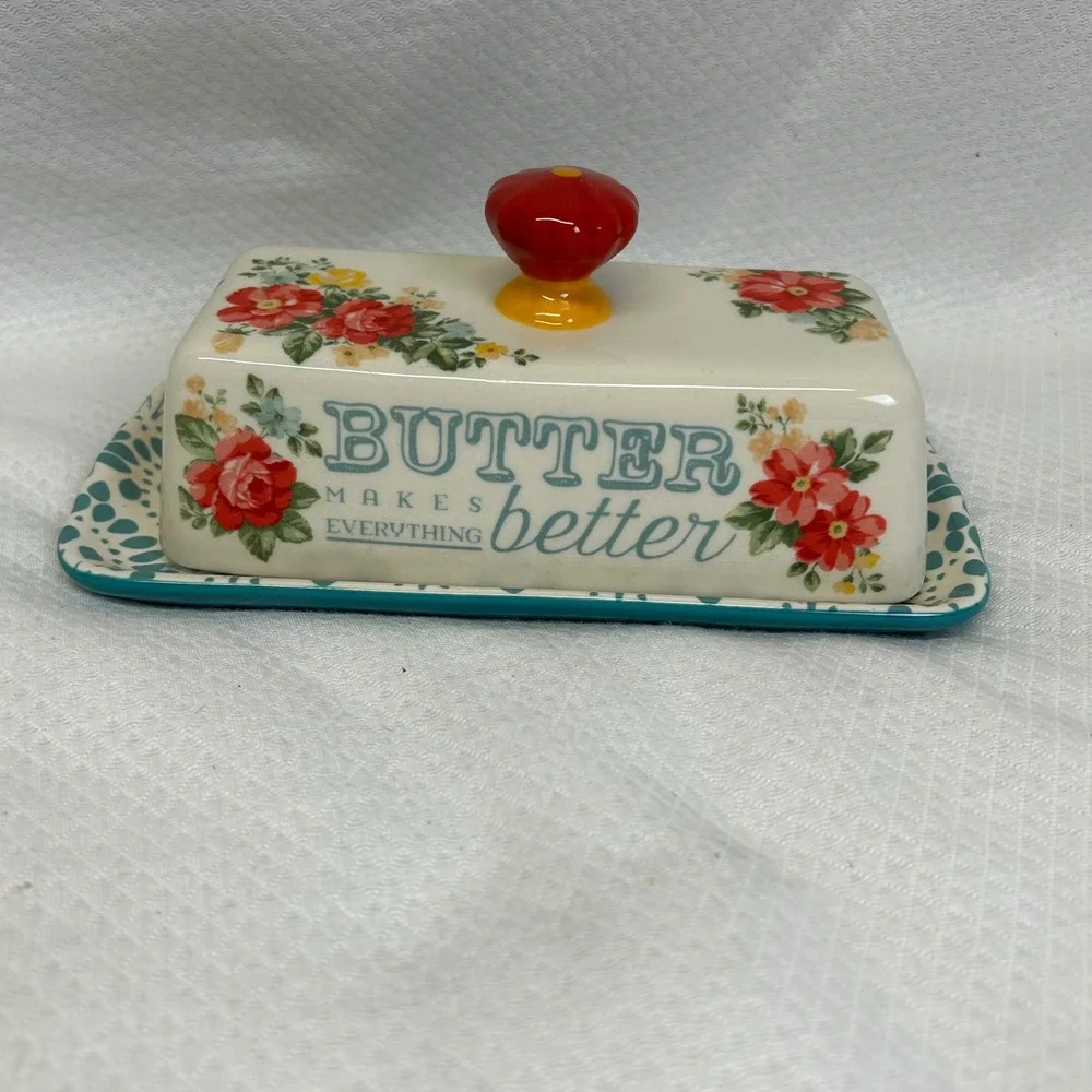 Pioneer Woman Butter Makes Everything Better Floral Stoneware Butter Dish Teal